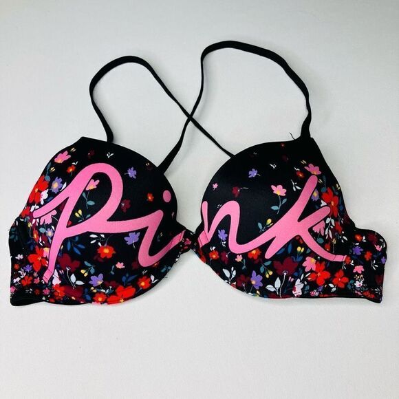 Victoria's Secret Womens PINK Push Up Bra Cross Back Underwire Black Pink 34B - Picture 1 of 5